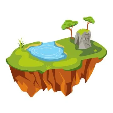 Flying ground island in flat design. Level platform with trees, stone, lake.. Stock Illustration