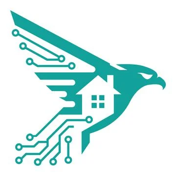  Flying Hawk with Digital Circuit Line and House Logo for Real Estate, Smart Hom Stock Illustration