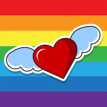Flying heart with wings on a striped multi-colored background. Cartoon sticker Stock Illustration