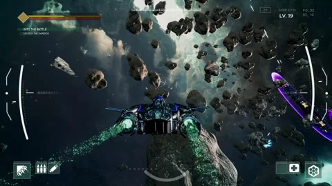 Flying the hi-tech spaceship in the intergalactic battle action simulator Stock Footage 292821939