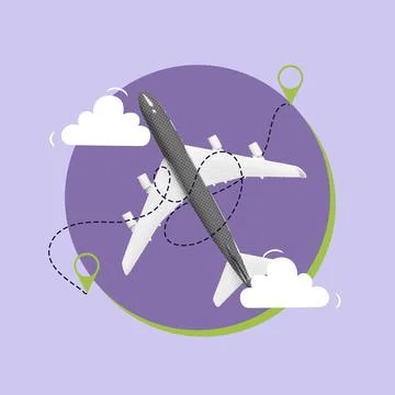 Flying high in a plane with a flight path marked over clouds and map points Ilustração Stock