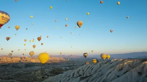 Flying Hot Air Balloons Bouncing Time-Lapse Cappadocia Sunrise Stationary 4k Stock Footage 82384791
