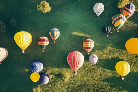 Flying hot air balloons, a drone flight illustration Stock Illustration