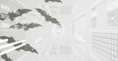 Flying HUD cluster with bat silhouettes moving through virtual data tunnel, t Illustrazione stock
