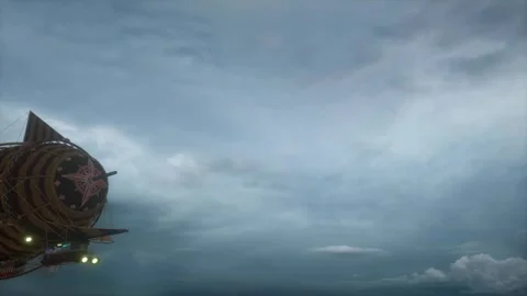 Flying huge steampunk airship with lights Stock Footage 283473966