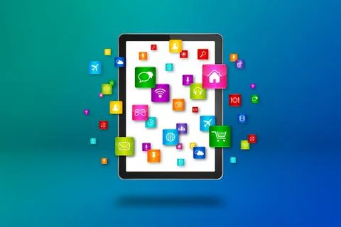 Flying icons around a tablet PC. Cloud computing concept Stock Illustration
