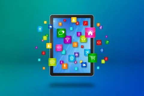 Flying icons around a tablet PC. Cloud computing concept イラスト素材