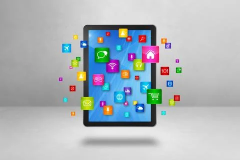 Flying icons around a tablet PC. Cloud computing concept イラスト素材