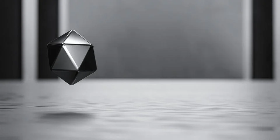 Flying icosphere object abstract triangular sphere casting shadow mirror Stock Illustration