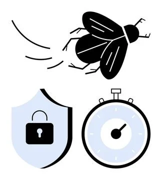 Flying insect, security shield, and stopwatch represent speed, protection, .. Stock Illustration