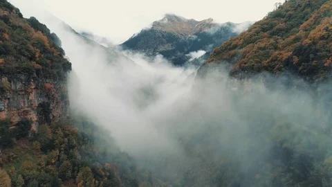 Flying inside a canyon in clouds and fog Stock Footage 82072290