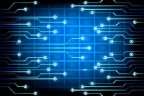 Flying inside a circuit board. Blue electrons moving through it. Loopable Stock Footage 88440907