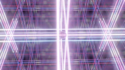 Flying Inside Cubic Mirror Room With Glowing Neon Laser Beam Pillars Stock Footage 250143440