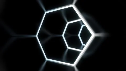 Flying inside dark virtual tunnel with neon hexagonal grid. Design. Bright neon Illustrazione stock