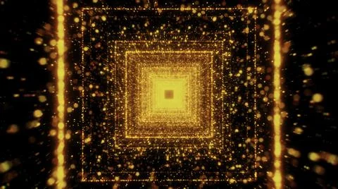 Flying inside a digital space squared corridor surrounded by glowing dust Illustrazione stock