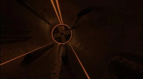 Flying inside dirty dark underground tunnel with r.ed lighting and spinning Illustrazione stock