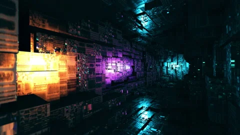 Flying inside of the futuristic hacking tunnel in the multicolored background Stock Footage 193415936