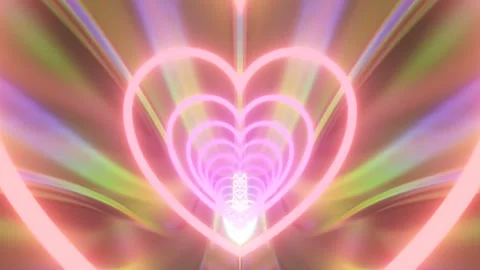 Flying Inside Reflective Mirror Rainbow Neon Glowing Heart 3D Tunnel Stock Footage 278647346