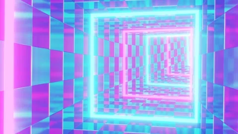 Flying Inside Reflective Pink And Blue Vaporwave Neon Square Tunnel Stock Footage 261326101
