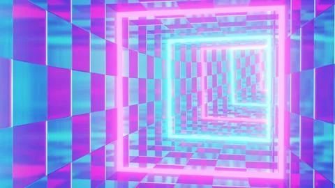 Flying Inside Reflective Pink And Blue Vaporwave Neon Square Tunnel 스톡 일러스트