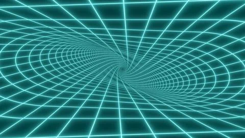 Flying Inside Twisting Neon Grid Glowing Retro 80s Endless Tunnel Stock Illustration