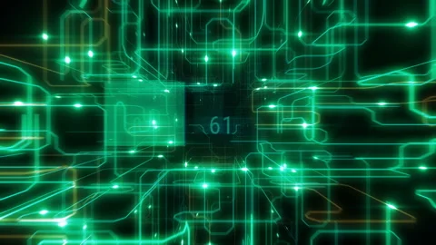 Flying Inside Virtual Processor with Running Electrons and Digital Codes. Bright Stock Footage 94115967