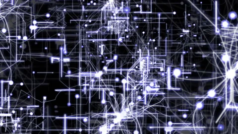 Flying Inside Virtual Processor with Running Electrons and Digital Codes Stock Footage 106142298