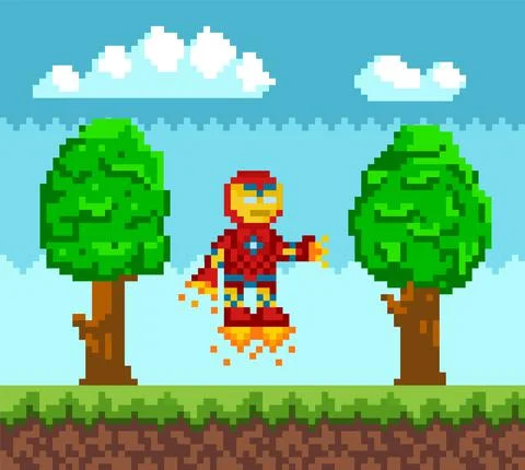 Flying iron man, robot in red metal suit with armor. Bot in jet boots with fire Stock Illustration