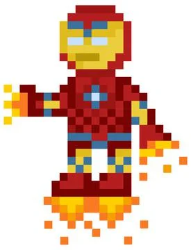 Flying iron man, robot in red metal suit. Pixelated cartoon character in jet Stock Illustration