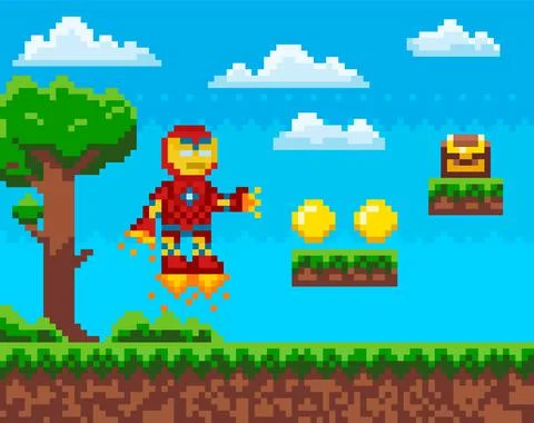 Flying iron man, robot in red metal suit collects chests and coins. Pixelated Stock Illustration
