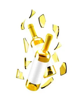 Flying isolated bottle of white wine with glass fragments. 3d illustration, 3 Stock Illustration