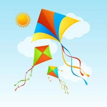 Flying Kite and Clouds on a Blue Sky Summer Concept Background. Vector Stock Illustration