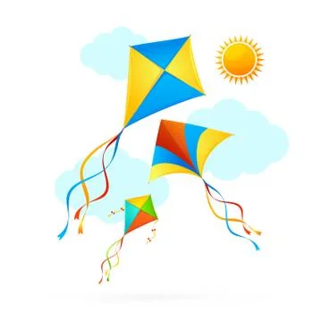 Flying Kite and Clouds on a Sky Summer Concept Background. Vector Stock Illustration