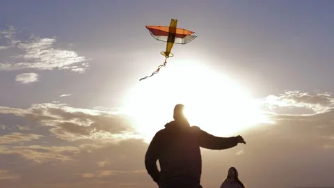 Flying kite on the background of the sky at sunset on a sunny day. A happy Stock Footage 162881807
