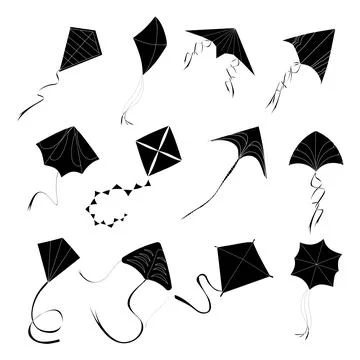 Flying kite black white in high sky, joy and leisure Stock Illustration