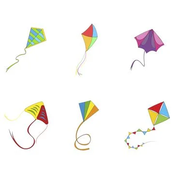 Flying kite colored collection. Vector flying kite on rope Stock Illustration