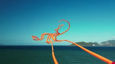 A flying kite in the shape of a yellow octopus against a blue sky at sunset on a Stock Footage 241524690