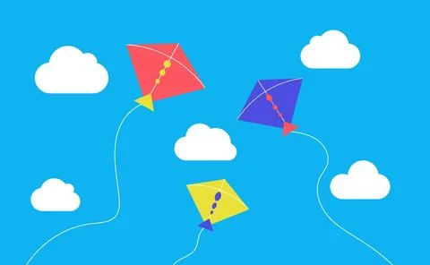 Flying kites in sky clouds background Stock Illustration