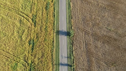 Flying on a kopter along the road passing between two fields Stock Footage 103168212