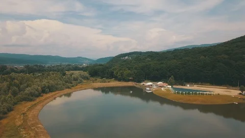 Flying in lake beach 4K Stock Footage 92152250