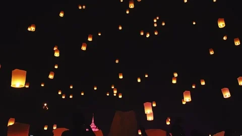 Flying lanterns, floating lanterns Loy Krathong Festival in Chiang Mai Thailand. Stock Footage 157905469