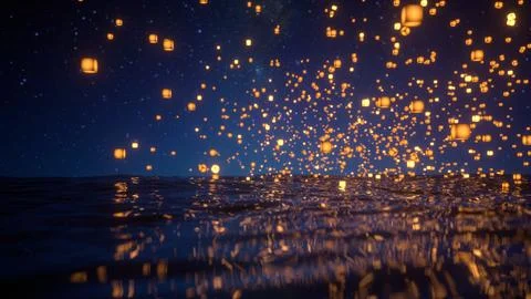 Flying lanterns in the sea Stock Illustration