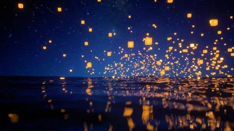 Flying lanterns in the sea Stock Illustration