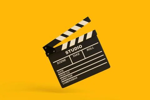 Flying lapperboard isolated on bright yellow background in pastel colors Stock Illustration