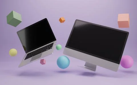 Flying laptop and desktop computer rounded by 3d primitive objects .Ready for Stock Illustration