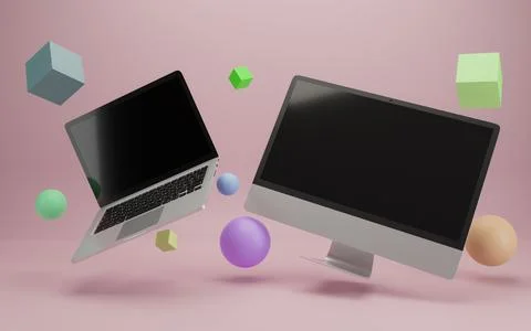 Flying laptop and desktop computer rounded by 3d primitive objects .Ready for Stock Illustration