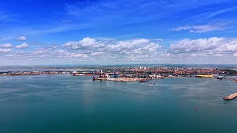 Flying to the large port with developed infrastructure. Maritime facility in a Stock Footage 336267363