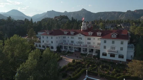 Flying left view of landmark Stanley Hotel in Estes Park, CO Stock Footage 341236747