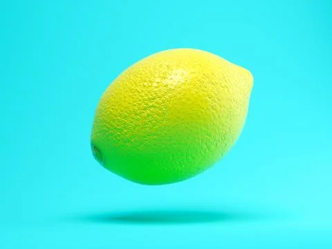 Flying lemon on blue background 3 D illustration Illustrazione stock