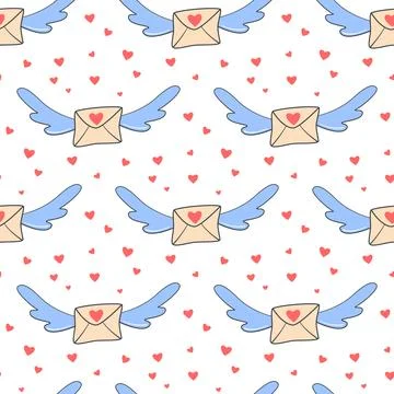 Flying letter on wings surrounded by seamless pattern of hearts Ilustración de archivo